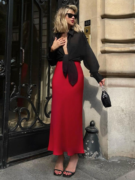 Satin High Waist Office Lady Slim Long Skirt
