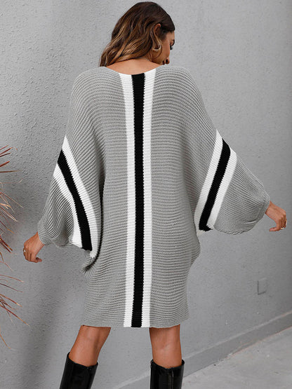 Original Loose 4 Colors Striped Round-neck Batwing Long Sleeves Sweater Dress