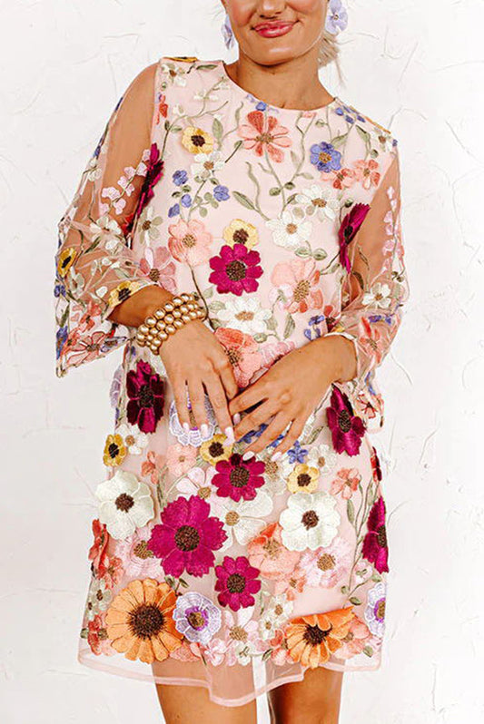 Dahlia Dreaming Embroidered Applique Half Sleeve Mini Dress