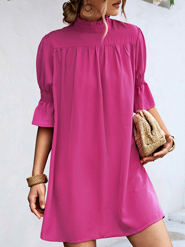 Half Sleeves Loose Color High-neck Mini Dresses