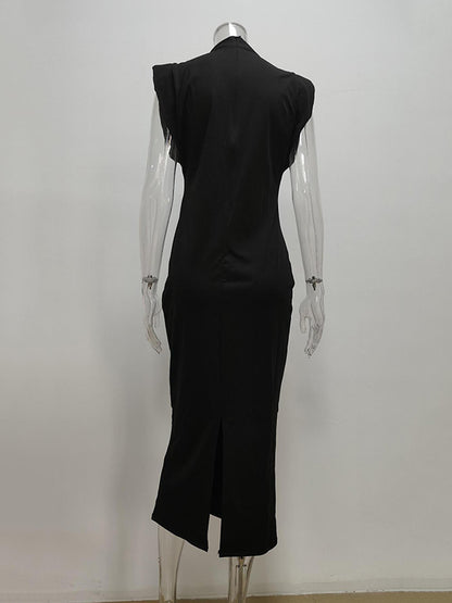 Skinny Color Zipper Mock Neck Midi Dresses