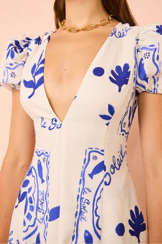 Embrace the Glamour Linen Blend Unique Print Puff Sleeve Pocketed Maxi Dress