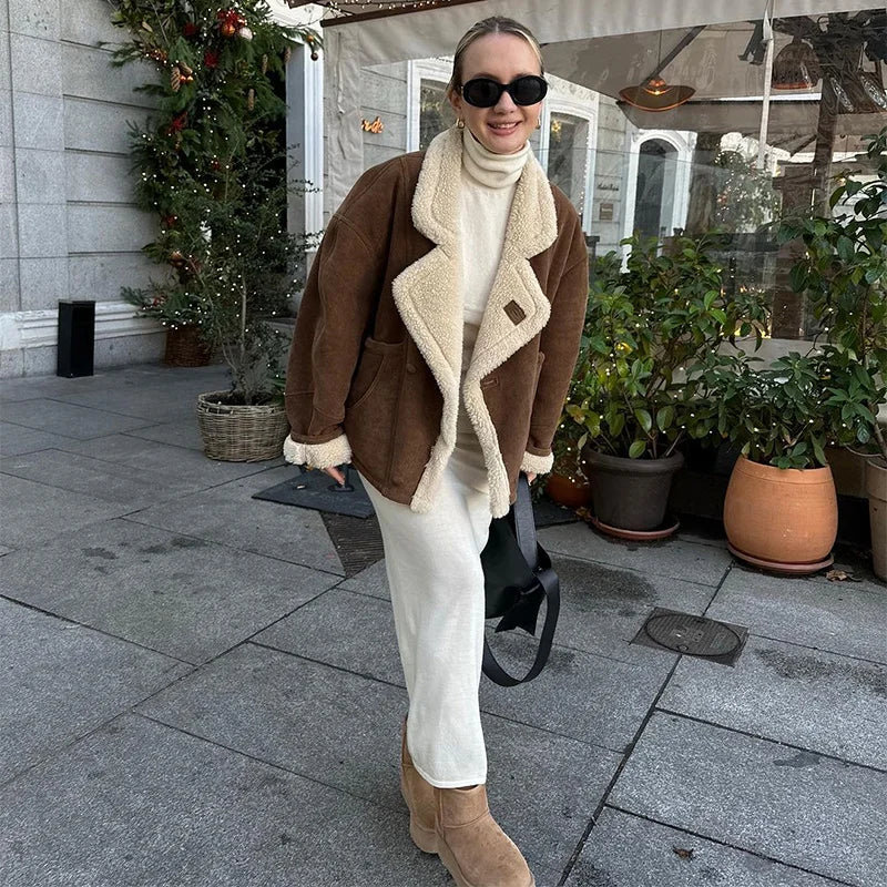 Lamb Woolen Spliced Warm Coat for Side Buttons Lapel Full Sleeve Jackets Lady Autumn Winter Thick Outwear