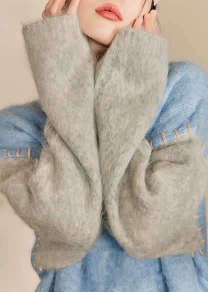 Loose Blue O-neck Patchwork Thick Cotton Knit Sweaters Winter Ry004