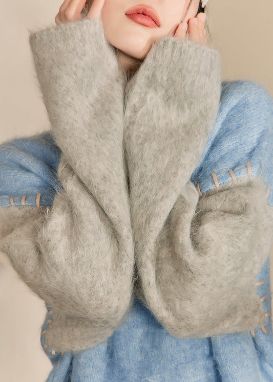 Loose Blue O-neck Patchwork Thick Cotton Knit Sweaters Winter Ry004