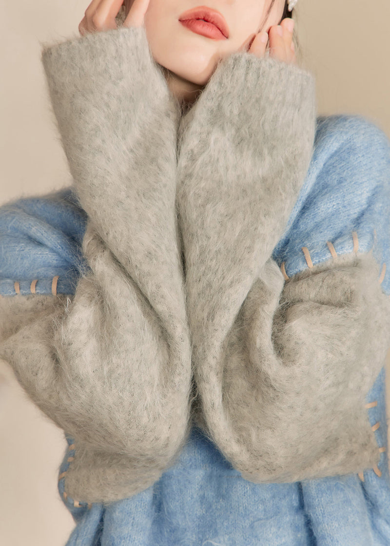 Loose Blue O-neck Patchwork Thick Cotton Knit Sweaters Winter Ry004