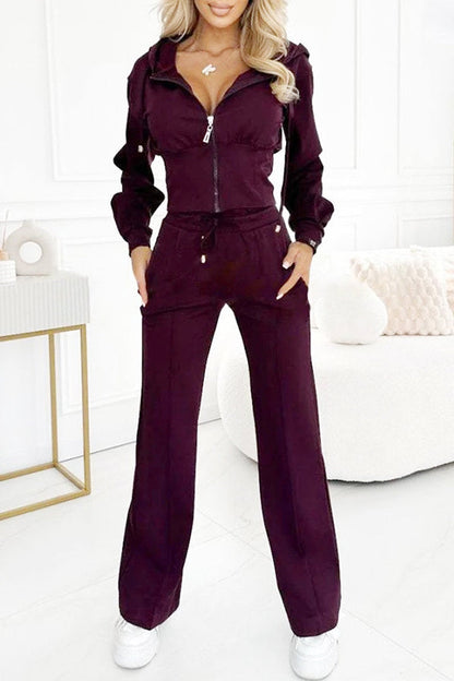 Color Hooded Zip-up Jacket and Elastic Waist Pocket Wide-leg Pants Set
