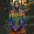 Women's Irish Rainbow Pattern Jacquard Pocket Cozy Hooded Sweater artswardrobe