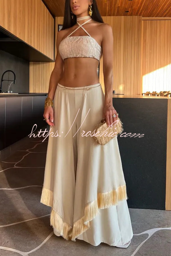 Lace-up Bandeau Top and Irregular Tassel Pants Set