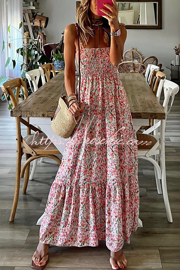 Ready to Vacation Print Smocked Waist Maxi Dress
