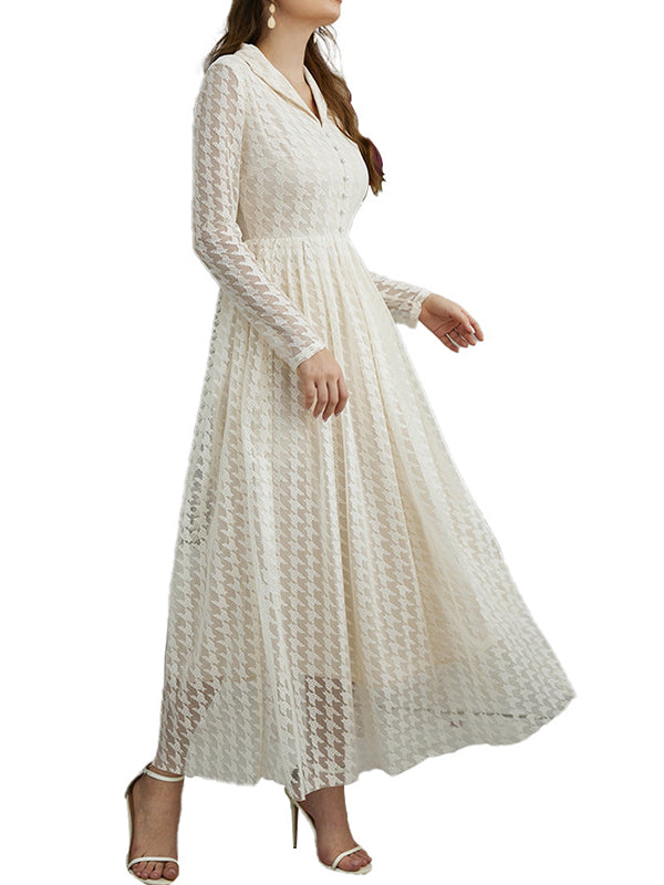 High Waisted Long Sleeves Buttoned Gauze See-through Color V-neck Maxi Dresses