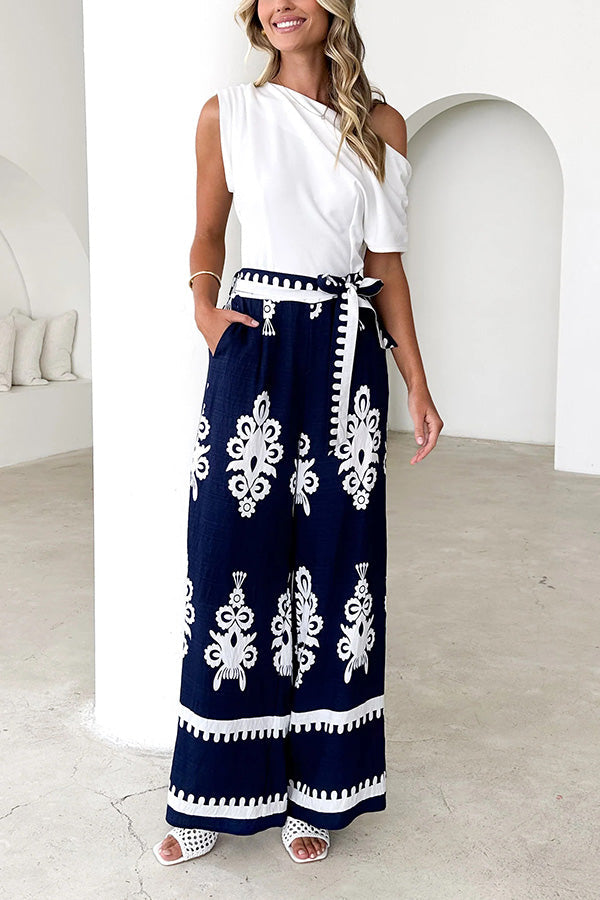 Unique Print Belted Pocket Wide Leg Pants