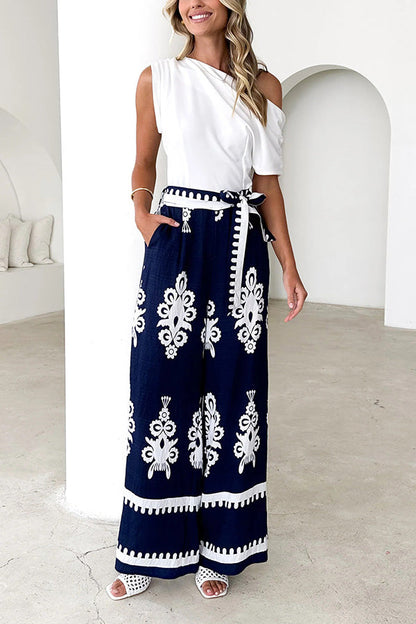 Unique Print Belted Pocket Wide Leg Pants