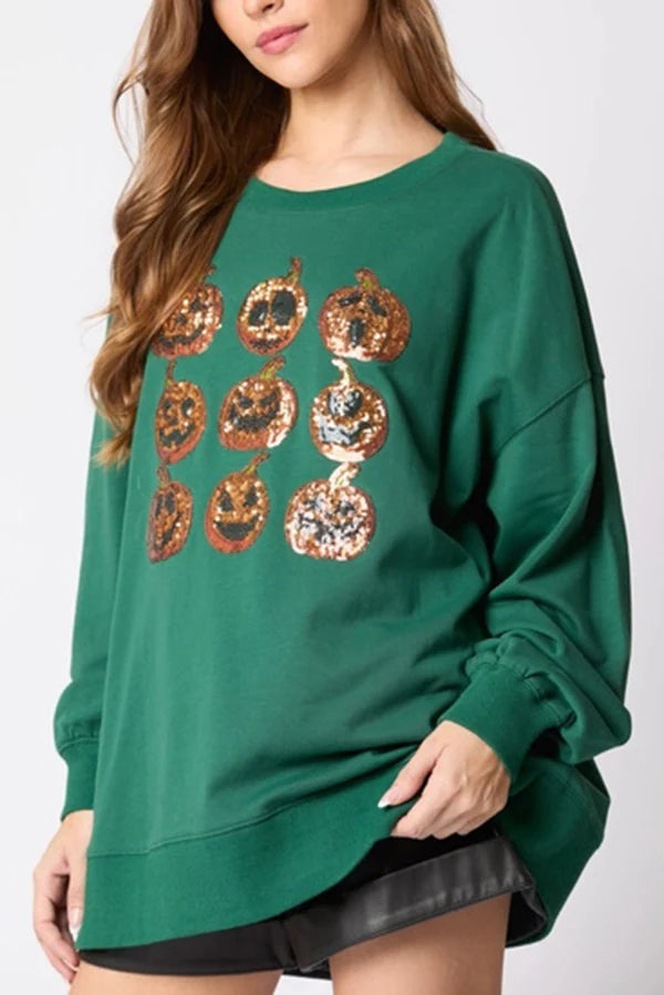 Halloween Pumpkin Sequin Loose Sweatshirt