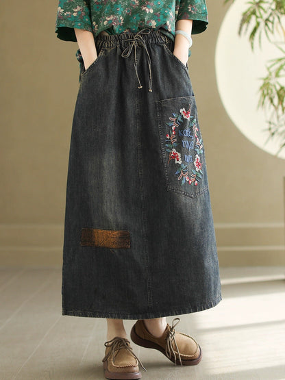 Artsy Flower Embroidery Denim Skirt Pa1009