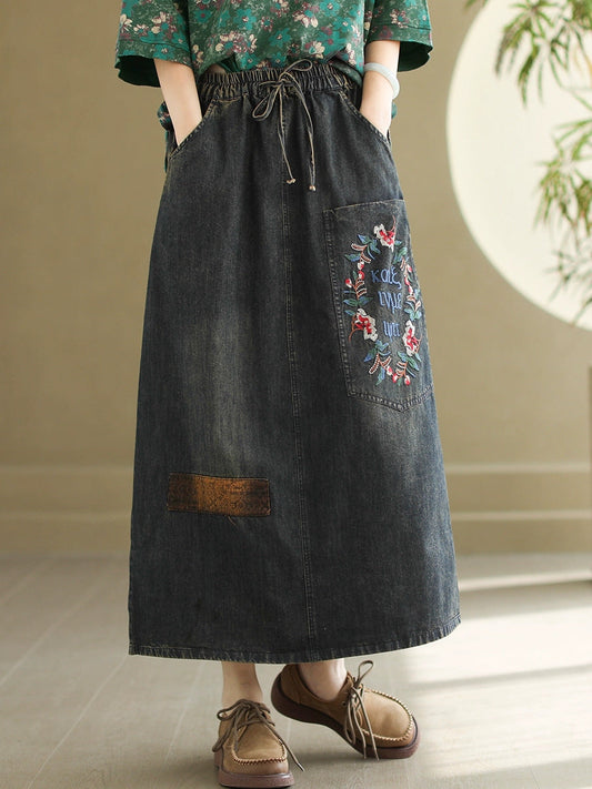 Artsy Flower Embroidery Denim Skirt Pa1009