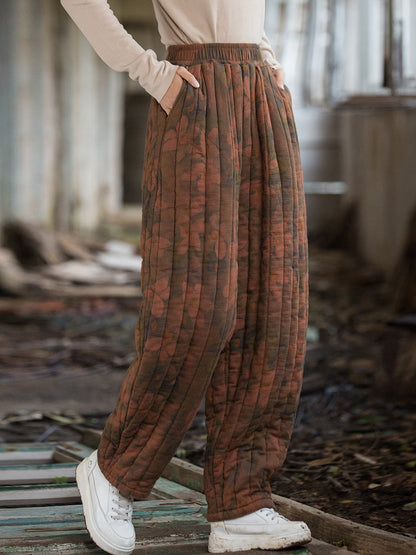 Winter Retro Flower Spliced Padded Cotton Harem Pants Wu014