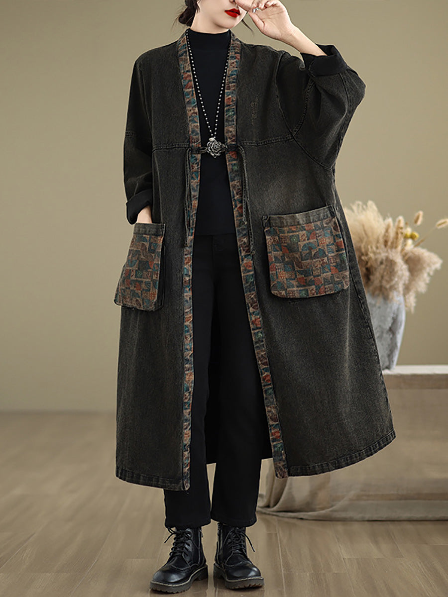 Autumn Worn Patch Colorblock Denim Coat Ah1067