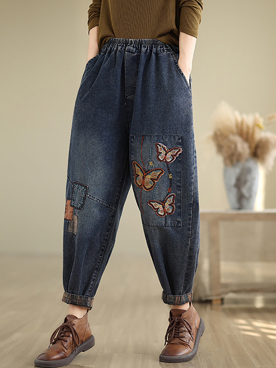 Autumn Artsy Butterfly Embroidery Denim Harem Pants Ai1078