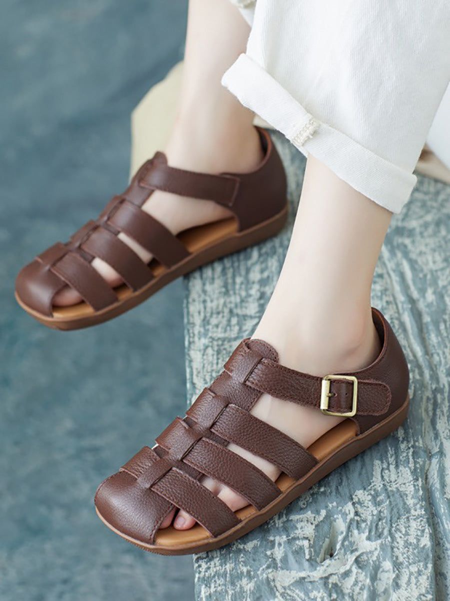 Summer Leather Spliced Flat Shoes Fd036