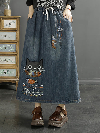 Summer Cat Fish Embroidery Denim Skirt Kl1008