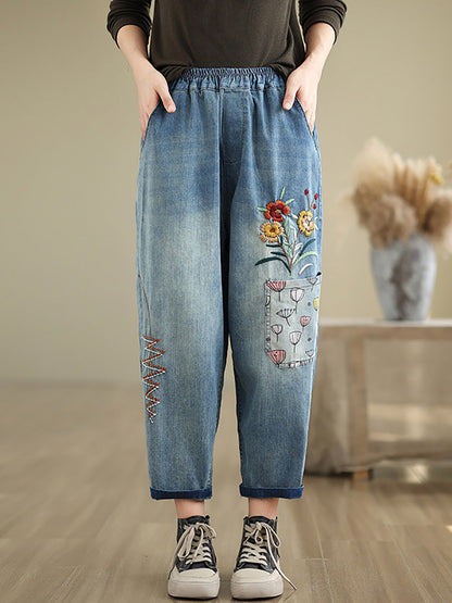 Autumn Artsy Flower Embroidery Denim Harem Pants Ai1074
