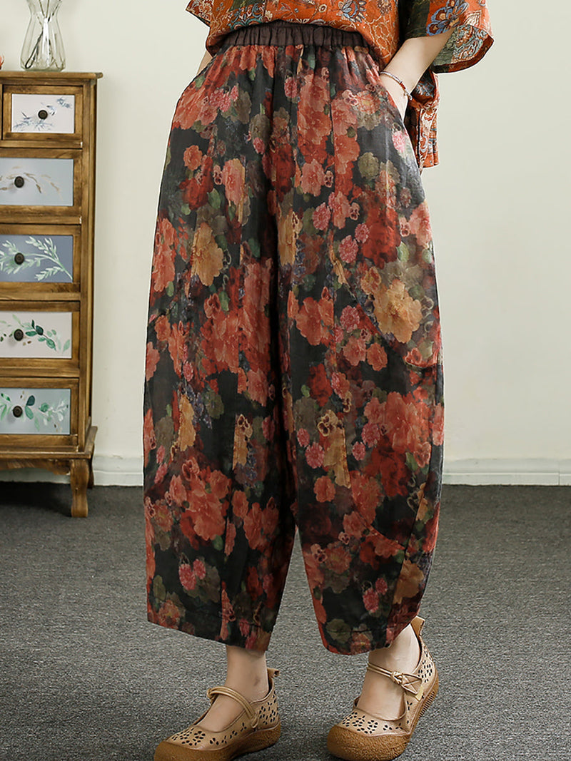 Summer Retro Print Ramie Harem Pants Cx052