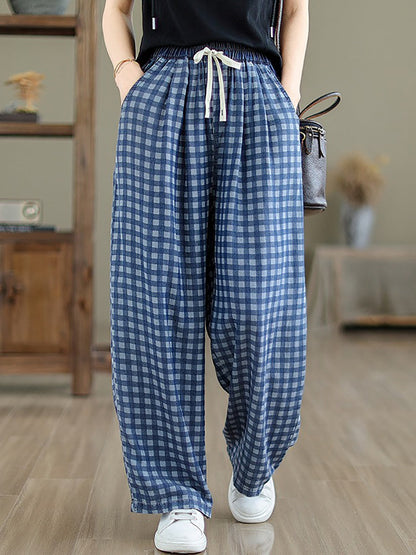 Summer Plaid Wide-leg Cotton Pants Op1028