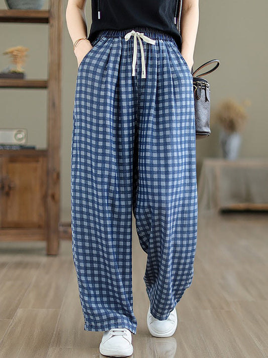 Summer Plaid Wide-leg Cotton Pants Op1028
