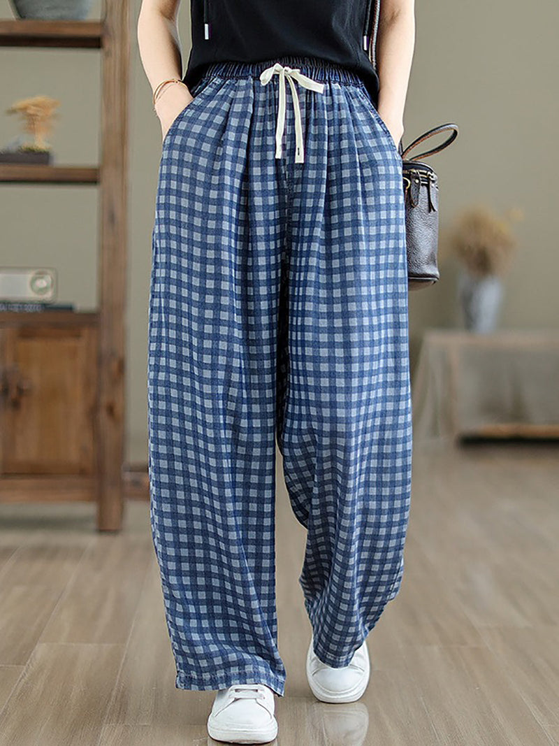 Summer Plaid Wide-leg Cotton Pants Op1028
