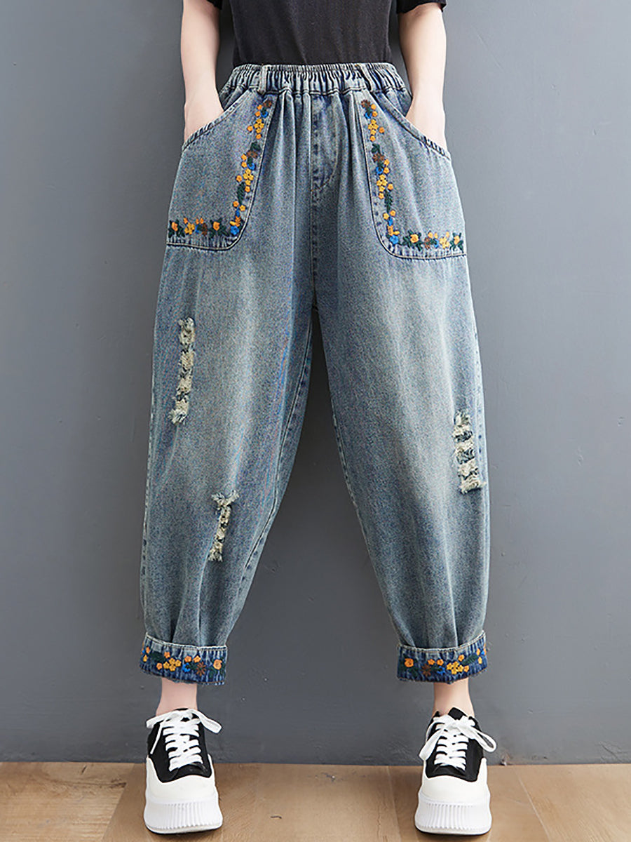 Artsy Embroidery Frayed Denim Harem Pants Fd006