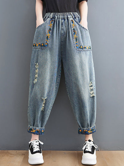 Artsy Embroidery Frayed Denim Harem Pants Fd006