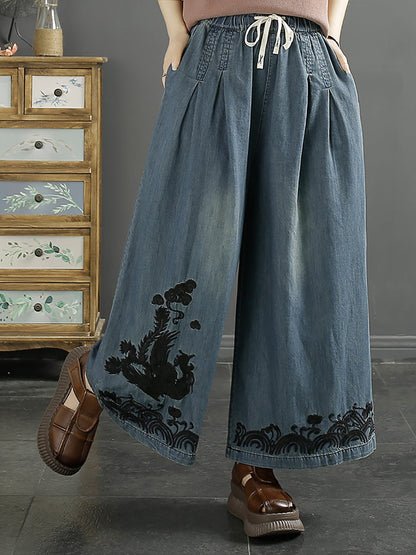 Phoenix Embroidery Wide-leg Denim Pants Kl1009