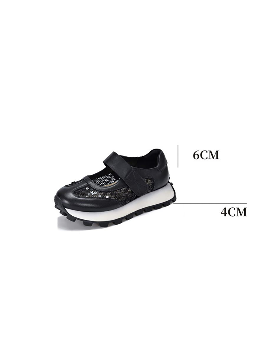 Summer Leather Spliced Mesh Sequin Platform Shoes Xx1022