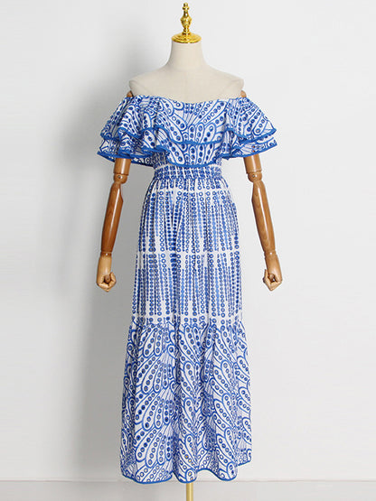 Off Shoulder Ruffled Embroidered Long Dresses