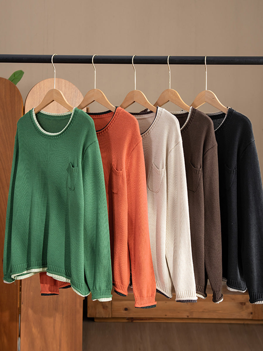 Autumn Colorblock O-neck Cotton Knit Blouse Ai1068