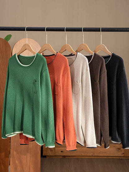 Autumn Colorblock O-neck Cotton Knit Blouse Ai1068