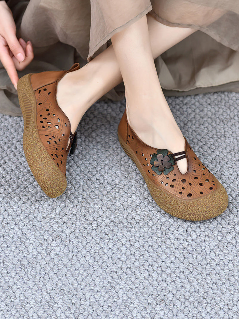 Summer Leather Cutout Flower Flat Shoes Sc1060