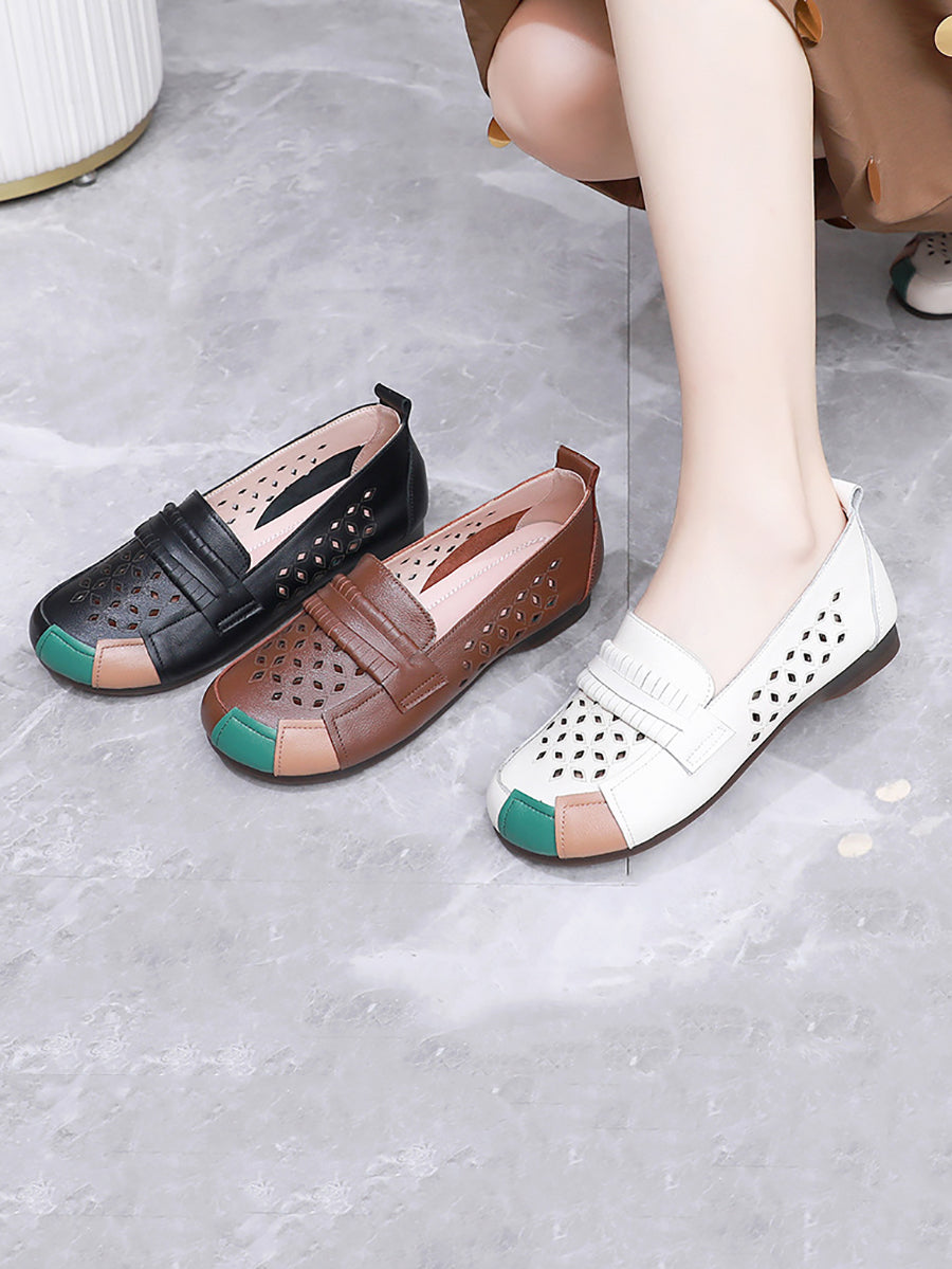Summer Leather Colorblock Cutout Flat Shoes Ui1030