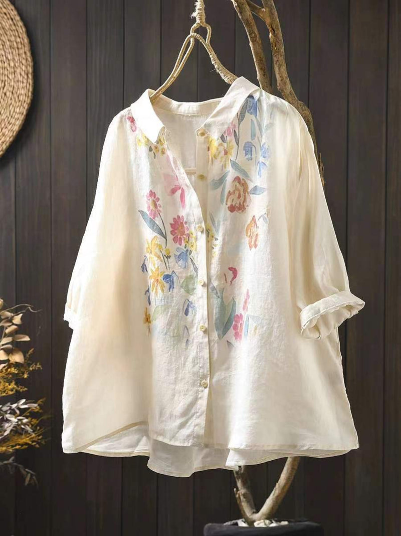 Artsy Summer Flower Print Ramie Blouse Pa1033