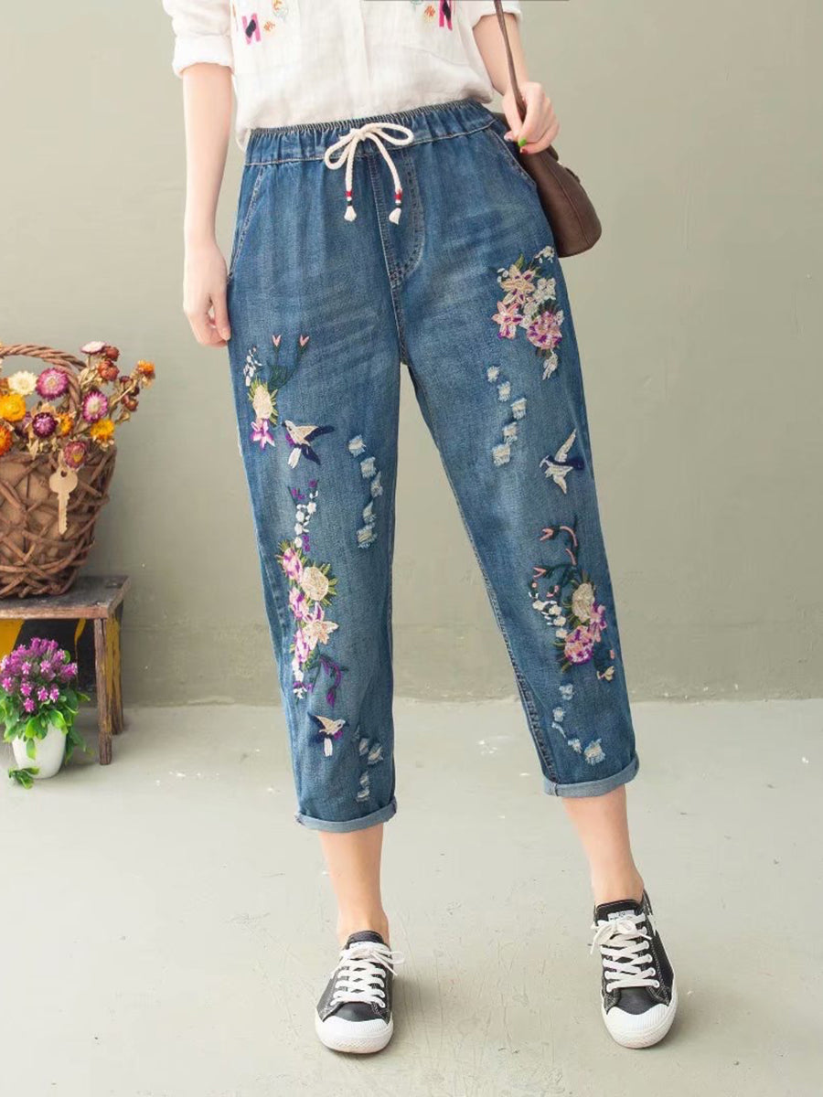 Summer Flower Embroidery Denim Harem Pants Io1022