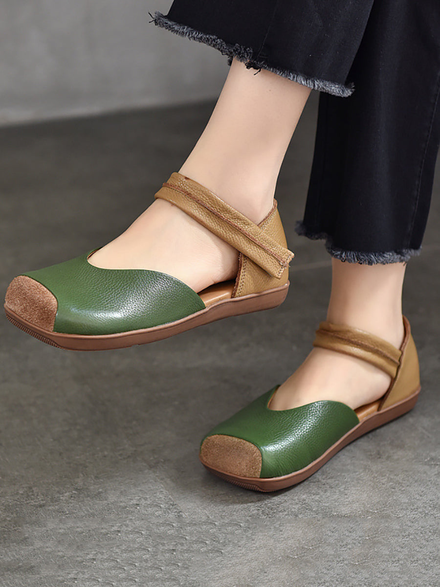 Summer Leather Colorblock Flat Shoes Qw1039