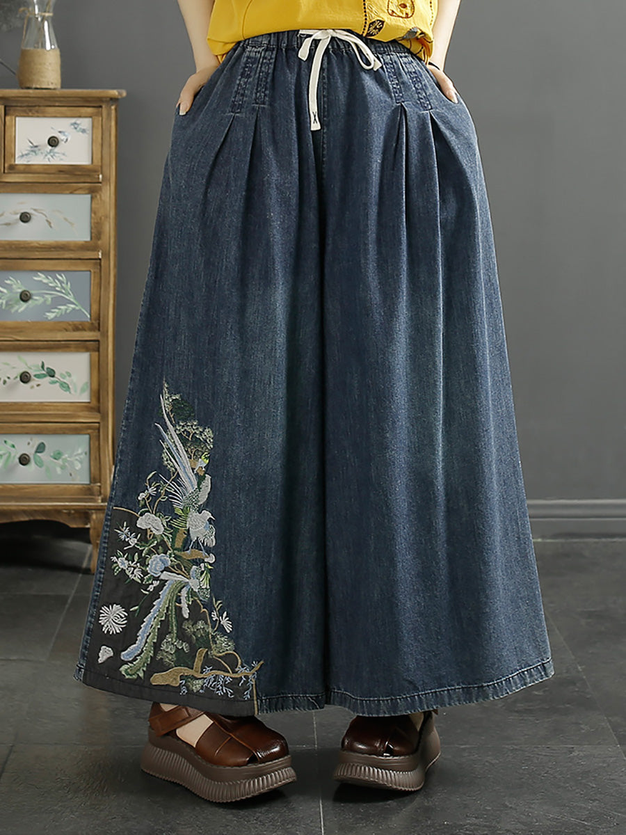 Embroidery Wide-leg Denim Pants Kl1008