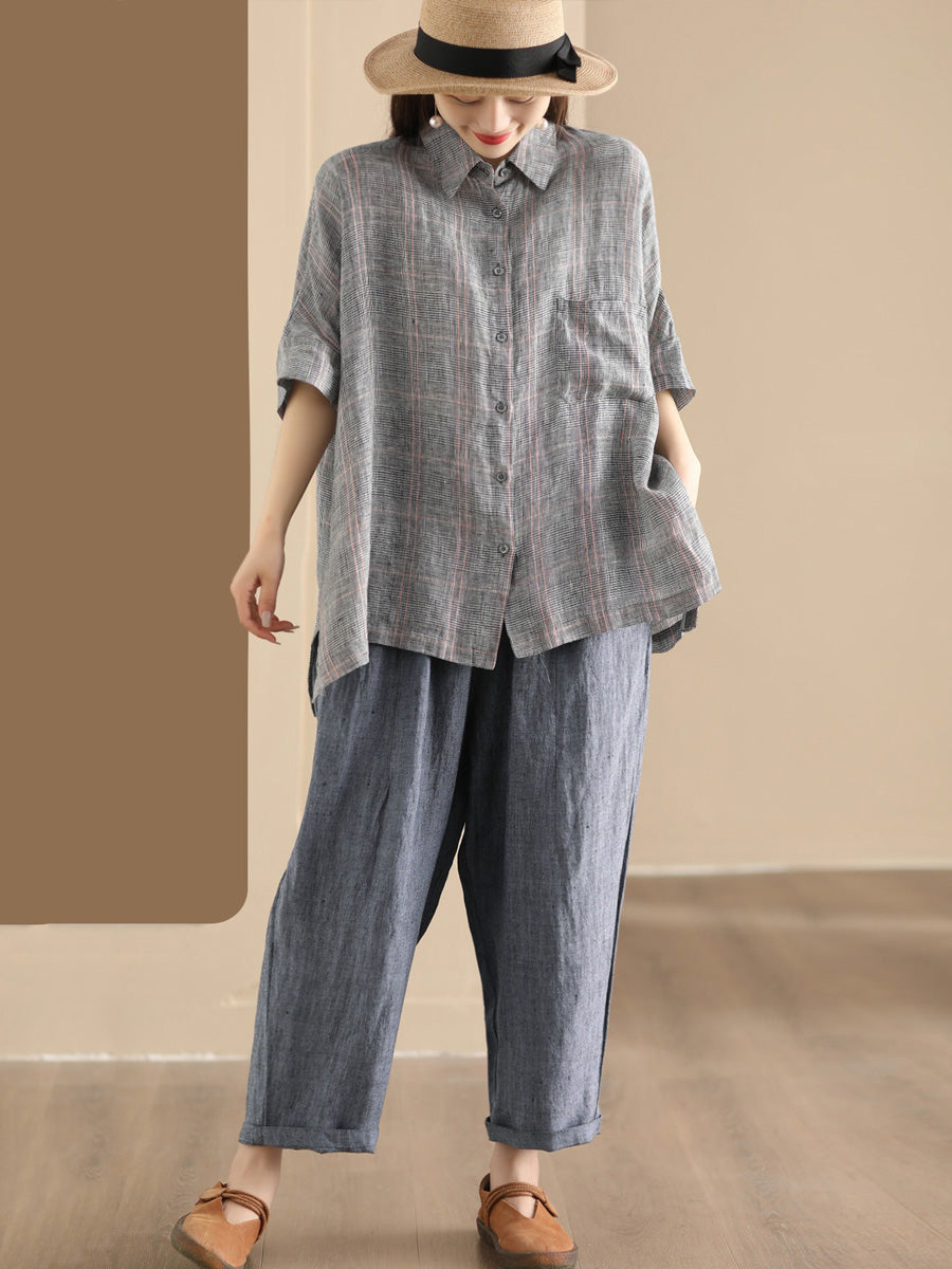 Retro Summer Plaid Linen Button-up Blouse Co1006