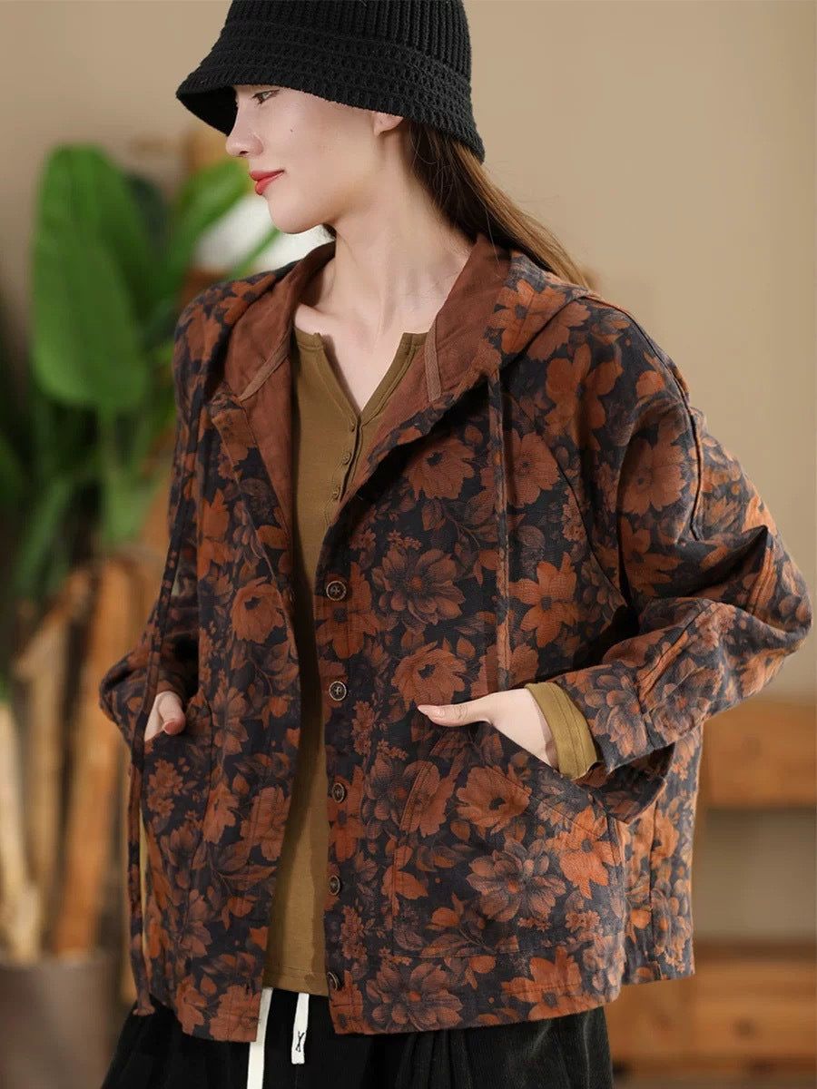 Autumn Flower Button Cotton Linen Hooded Coat Ah1013