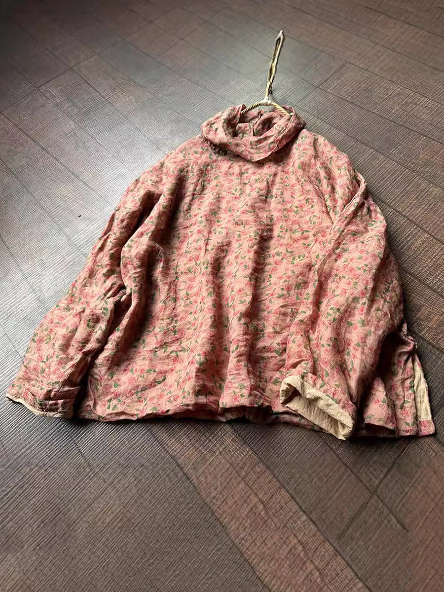 Autumn Artsy Turtleneck Ramie Blouse Qu032
