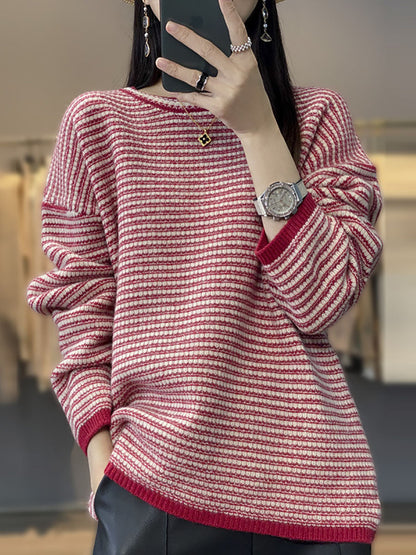 Autumn Stripe O-neck Wool Knit Sweater At1012