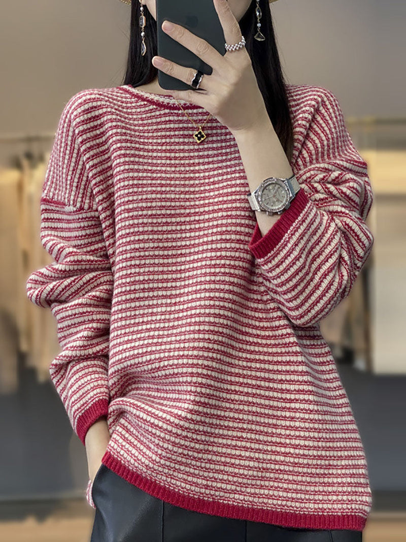 Autumn Stripe O-neck Wool Knit Sweater At1012