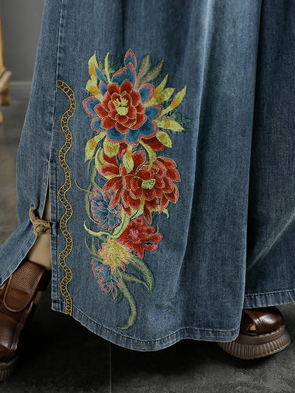 Summer Artsy Flower Embroidery Wide-leg Denim Pants Co1043