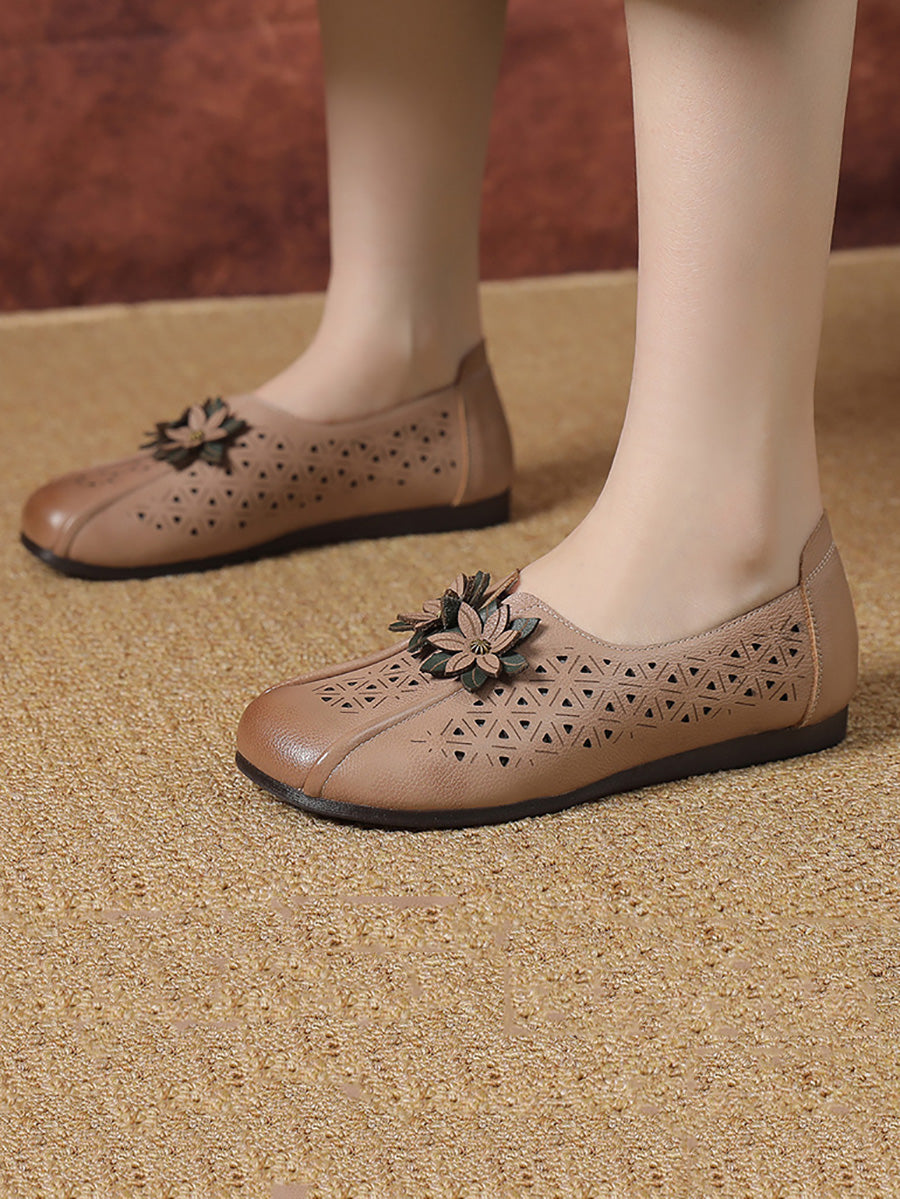 Leather Flower Cutout Flat Shoes Kl1034